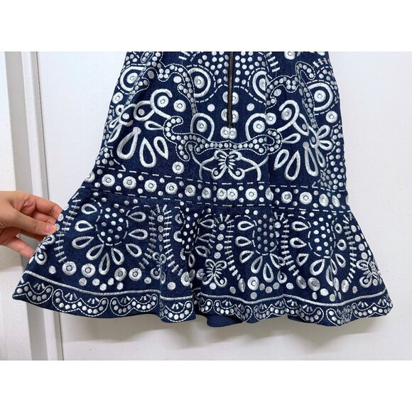 Alice + Olivia Rapunzel Mini Dress Embroidered Blue Denim Floral Dot Chambray 4 - Picture 12 of 15